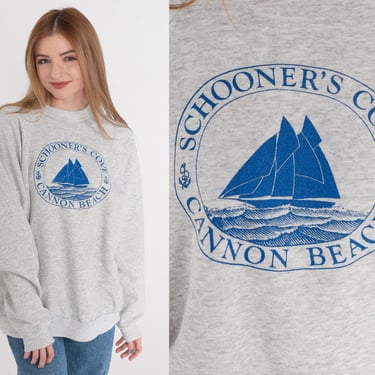 Schooner's Cove Sweatshirt 90s Cannon Beach Oregon Sweater Sailboat Nautical Sailing Graphic Shirt Grey Raglan Sleeve Vintage 1990s 2xl xxl 