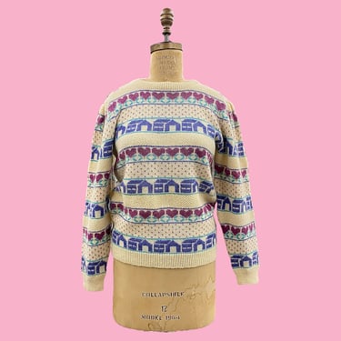 Vintage Wool Sweater Retro 1980s Preppy + Size Medium + SKYR Sportswear + Mohair + Heart and Home Pattern + L/S Pullover + Womens Apparel 