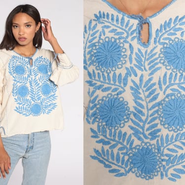 Mexican EMBROIDERED Blouse Hippie Top Cream Floral Shirt Boho Shirt FESTIVAL Tunic Bohemian Vintage Peasant Top Long Sleeve Blue Medium 