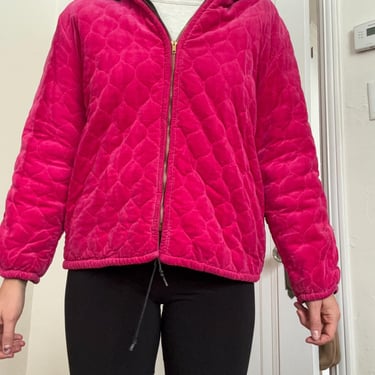 Vintage 1960s Hot Pink Velvet Quilted Bomber Jacket Talon Zipper Reversible Hooded Snow Weather Small Medium by TimeBa