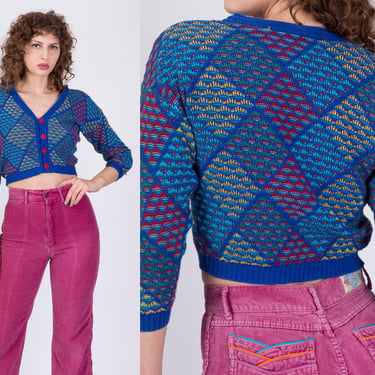 Vintage Blue Argyle Cropped Cotton Knit Cardigan - Petite Small | 90s 3/4 Sleeve Button Up V Neck Crop Top Sweater 