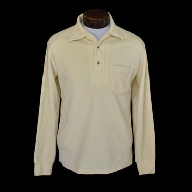 Vintage 70s Cream White Johnny Collar Shirt, 1970s Off White Minimal Velour Polo Shirt, Size Medium 