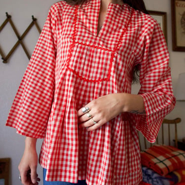 Vintage 70's Red Gingham Flared Long Sleeve Tunic Blouse 