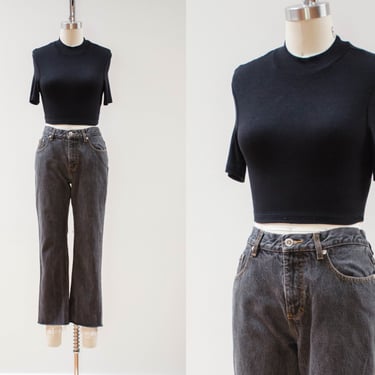 vintage Polo jeans | 90s vintage distressed boyfriend baggy relaxed fit cropped frayed cuff faded black mom jeans 28x25 