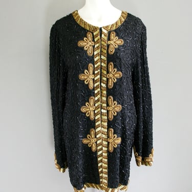 1980s Black and Gold Beaded Cocktail Jacket- by Laurence// Lawrence Kazar- Size Large 