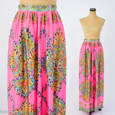 1970s Pink Maxi Skirt | 70s Hot Pink Op Art Maxi | Malbe Original | Medium 