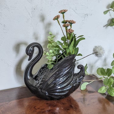 Vintage Black Ceramic Swan Planter 