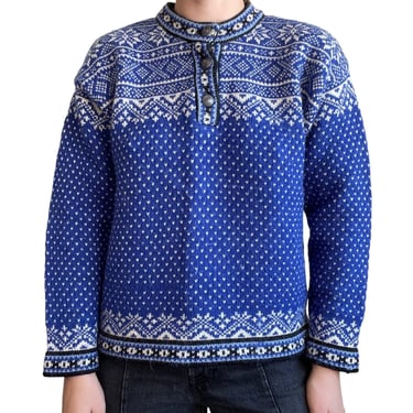 Vintage LL Bean Womens Cobalt Blue 100% Wool Fair Isle Nordic Sweater Sz M 