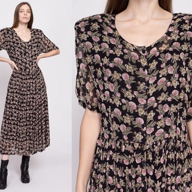 90s Starina Black Floral Grunge Dress, Deadstock - Small | Vintage Boho Rayon Scoop Neck Oversize Midi Maxi Dress 