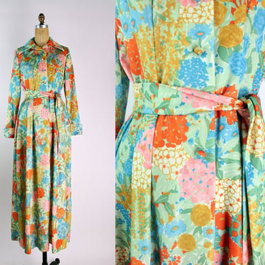 70s Leslie fay Floral Maxi Dress / Collared Dress / Colorful dress / Mod / Size S/M / Free US Shipping 