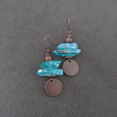 Raw quartz green crystal earrings, rustic boho chic earrings, unique geode, copper 
