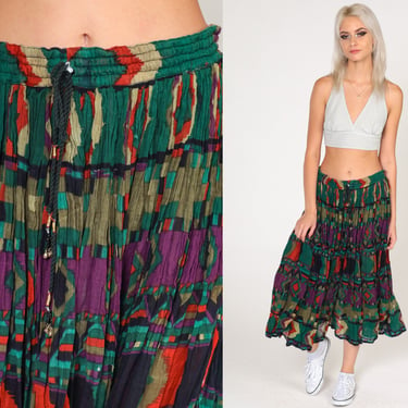 Geometric Broomstick Skirt Hippie Striped Boho Skirt 00s Midi Bohemian Vintage Festival Hippy Skirt Olive Green Purple Summer Medium Large 