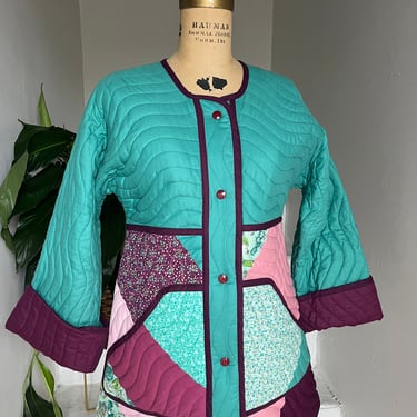 1980s Turquoise and Purple Quilted Jacket with Doves Unique Artisan Vintage 