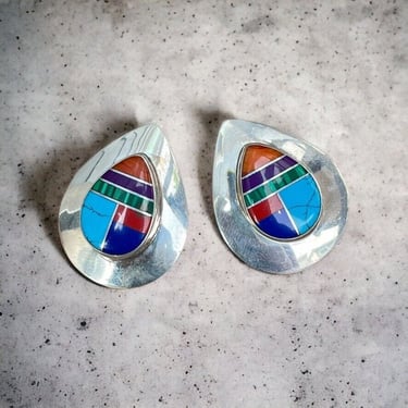 Vintage Navajo Sterling Silver Teardrop Stone Inlay Bohemian Western Earrings 