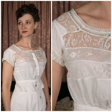 1900s Camisole - Gorgeous Antique Edwardian Cotton Camisole Blouse Corset Cover with Sheer Net Lace 