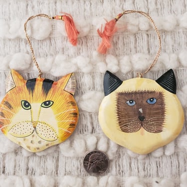 Vintage Wood Double Sided Cat Christmas Ornaments / lot of two / 80s 