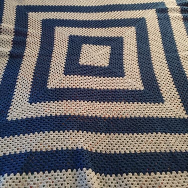 Large Blue Afghans Dark Blue Light Blue Home Decor  vintage linens Geometric theme Square Blanket 70 inch bedding 