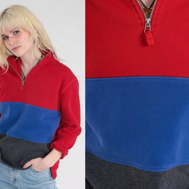 80s Quarter Zip Shirt Striped Pullover Sweatshirt Red Blue Grey Color Block Long Sleeve Retro Streetwear Sporty Vintage 1980s Pacers Small S 