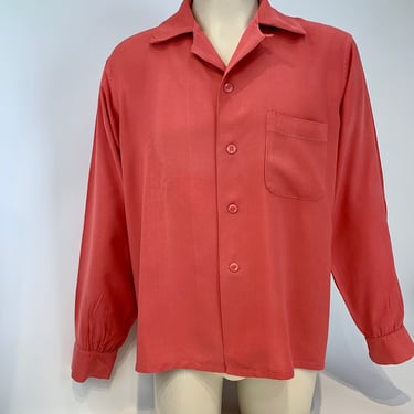 1950's Rayon Shirt - Pleasure King Label - Beautiful Coral Color - Patch Pocket - Loop Collar - Men's Size LARGE - As Is 