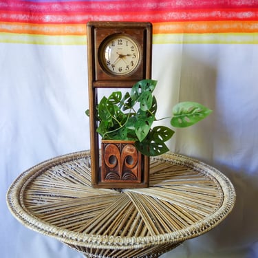 Vintage wood clock with shelf, table or wall carved wood plant holder or mantle display, 70s rustic cabin or lodge decor, MCM handmade 
