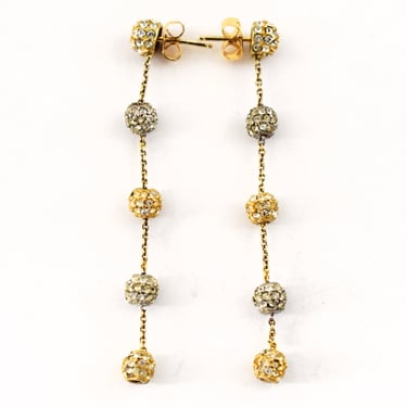 Mod 80's sterling vermeil rhinestone ball & chain shoulder dusters, disco fab 925 silver bling earrings 