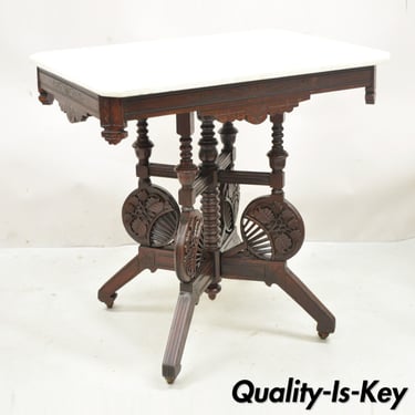 Antique Eastlake Victorian Floral Carved Walnut Parlor Side Table w/ Marble Top