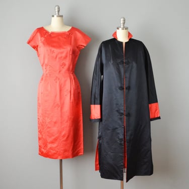 SALE: 1950s Red Silk Satin Dress & Reversible Coat / Size Small 