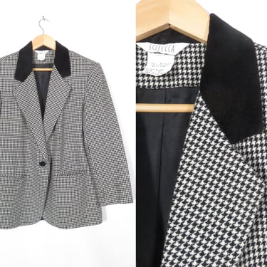 Vintage 80s/90s Houndstooth Wool One Button Blazer With Velvet Collar Size 12 L 