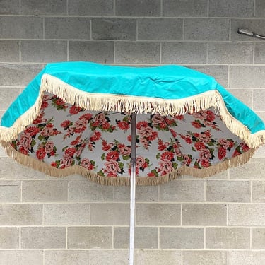 Vintage Patio Umbrella Retro 1960s Mid Century Modern + Blue with Fringe + Pink Floral Print + Metal Frame + Outdoor Shade + Pool + Grass 