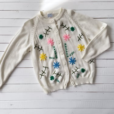 cute cottagecore sweater | 60s 70s vintage white cream blue pink green floral embroidered knitted cardigan 