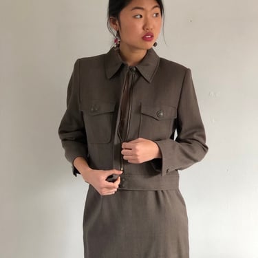 90s wool bomber jacket suit / vintage olive army green wool suit / cropped wool bomber blazer + pencil skirt suit | S M 