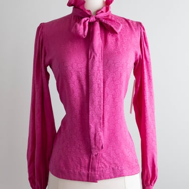 Vintage 1970's Yves Saint Laurent Shocking Pink Silk Blouse / Small