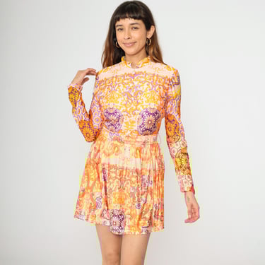 Vintage Psychedelic Mini Dress 60s Mod Pink Orange Purple Floral Baroque Print 70s Mandarin Collar Long Sleeve Mod Dress 1960s Gogo Small S 