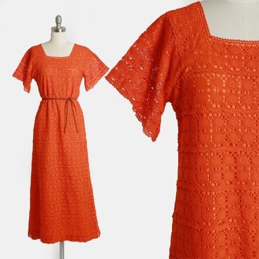 Vintage 1970s Orange crochet bell sleeve Maxi dress 