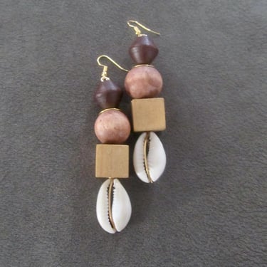 Large Mid century modern wooden and cowrie shell earrings 