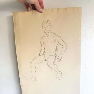 Vintage Pencil Drawing Nude Male Figure Sketch Artist Original Movement Gymnastics Dance Male Figurine Flow Artwork Unframed Pencil Sketch 