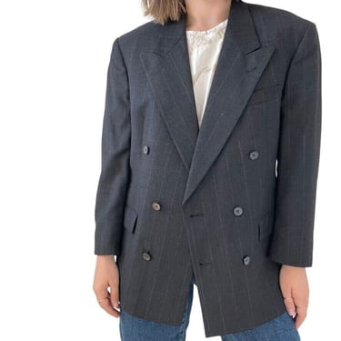 Vintage 1990s Christian Dior Gray Pin Stripe Double Breasted Oversized Blazer 