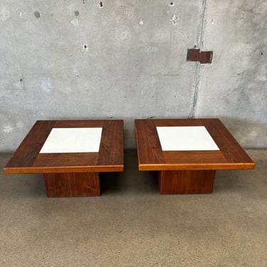 Set of 2 Vintage Walnut + Tile Side Tables