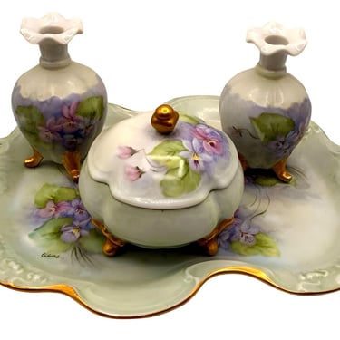 Bavarian Four Piece Hand Painted Art Nouveau Porcelain Vanity Dresser Set 