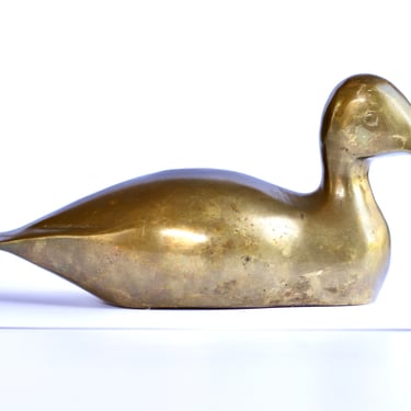 MCM Solid Brass Duck Figurine with Aged Patina Rounded Tail Subtle Detail - Vintage Mid Century Decor 