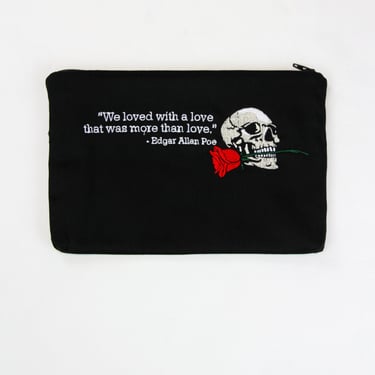 Embroidered Quotes Wallet Coin Make-up Pouch 9" x 6" - Skull and Rose 