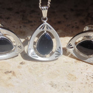 Marvel Sterling Silver and Onyx Screw Back Earrings and Pendant 