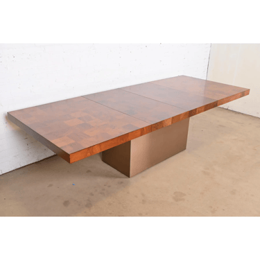 Milo Baughman for Thayer Coggin Burl Wood and Chrome Pedestal Extension Dining Table, 1970s