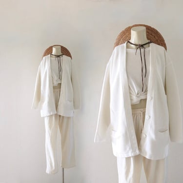 ribbed white cardigan - m - vintage button casual minimal cotton 90s jacket 