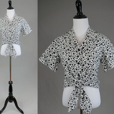 80s Black White Bubble Dot Blouse - Front Tie Waist Shirt - Cotton or Blend - Vintage 1980s - S 
