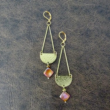 Hammered brass and mother of pearl shell earrings 