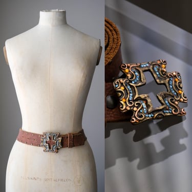 Vintage 90s LEATHEROCK Brown Rawhide Brass Studded Belt  display picture 1