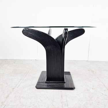 Bamboo dining table by Vivai Del sud, 1970s - black bamboo dining table - round glass dining table - vintage dining table 