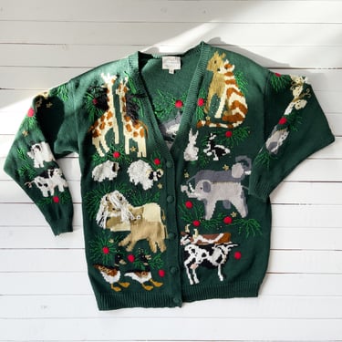 Christmas sweater 90s vintage Susan Bristol green animal patterned embroidered cardigan 