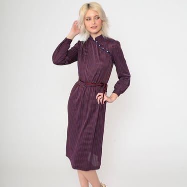 70s Mandarin Collar Dress Plum Striped Midi Dress Cheongsam Style Dress Long Puff Sleeve Boho High Waist Retro Vintage 1970s Extra Small xs 